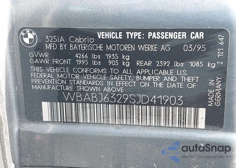 1995 BMW 325 Ic Automatic z USA, uszkodzony, nr VIN WBABJ6329SJD41903